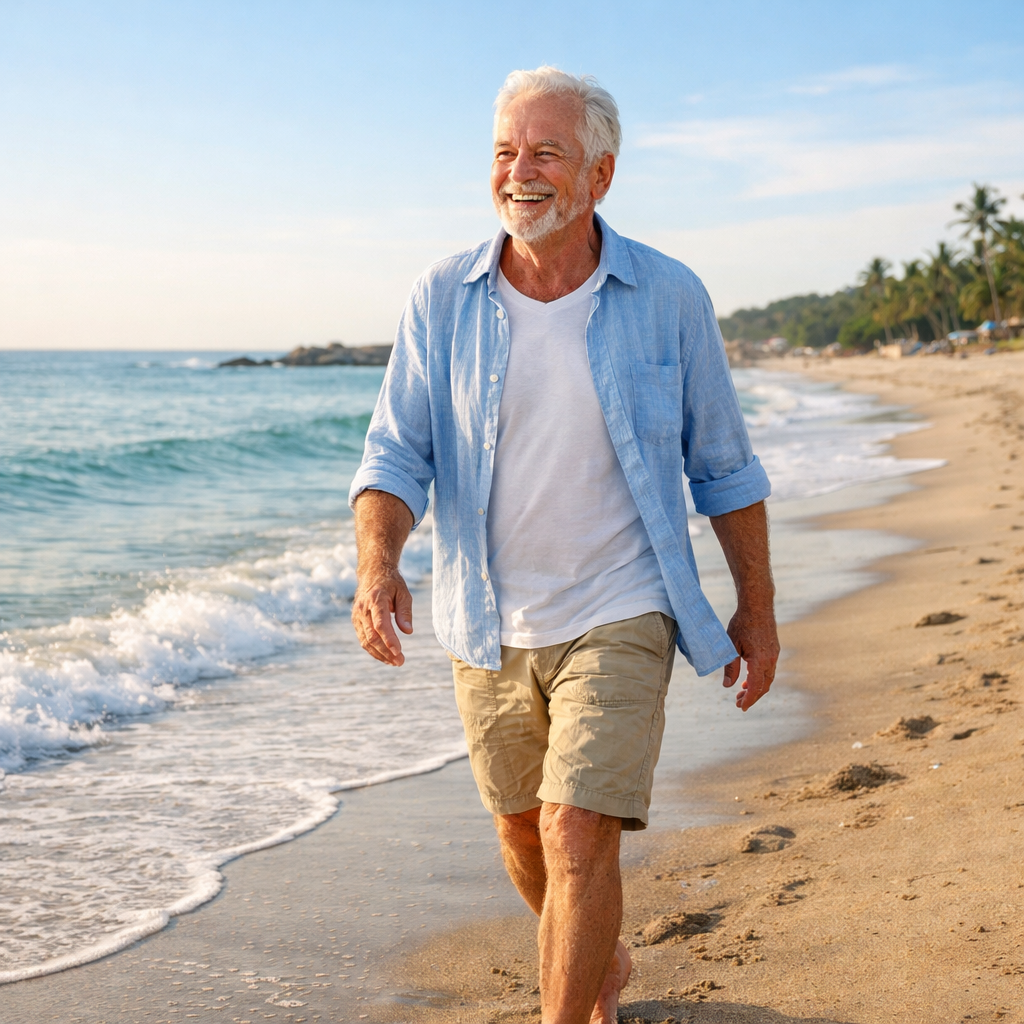 Create an image of a man in his late 60s walking down along the beack looking happy