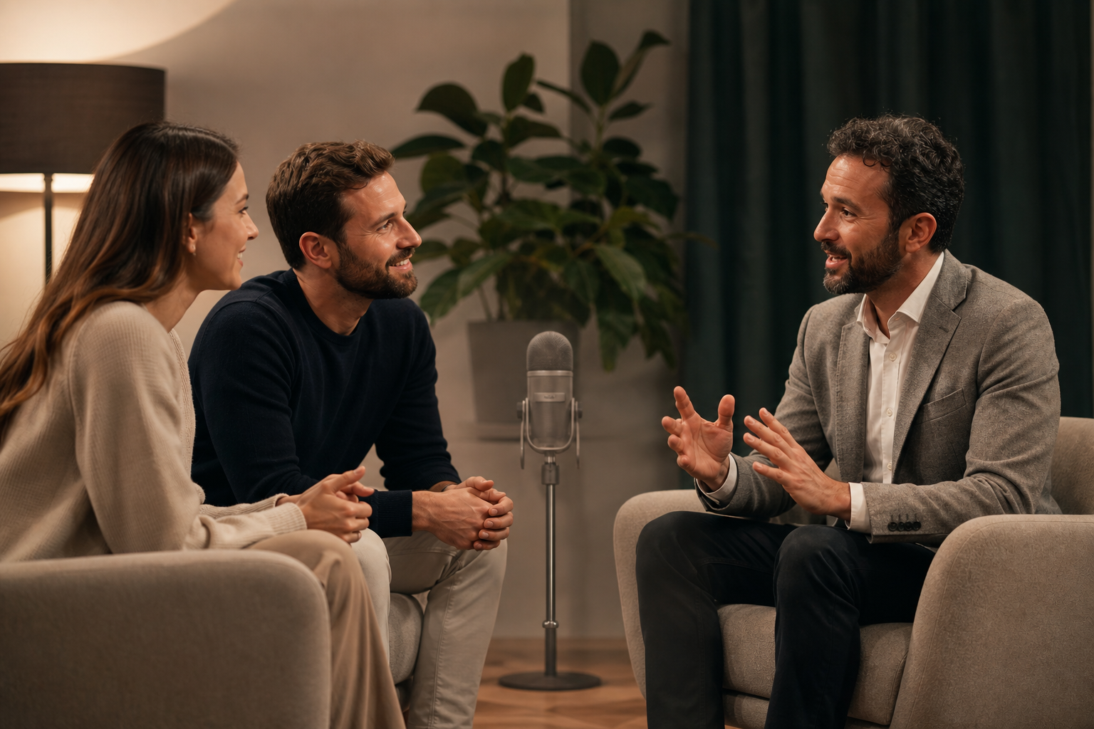 Podcast Microphone with Hosts and Guest Speaker Podcast Microphone with Hosts and Guest Speaker