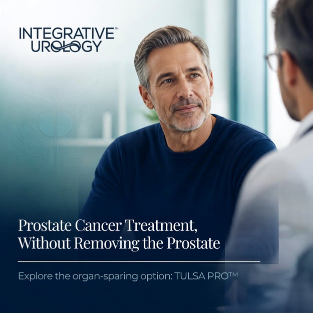 A man with prostate cancer discussing options with his physician, learning more about organ-sparing options, like TULSA PRO